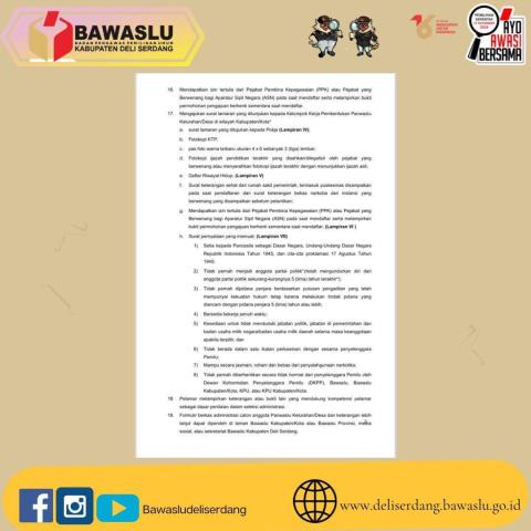 Bawaslu Kabupaten Deli Serdang Membuka pendaftaran panitia pengawas Kelurahan/Desa (PKD) untuk Pemilihan Tahun 2024.