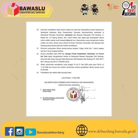 Bawaslu Kabupaten Deli Serdang Membuka pendaftaran panitia pengawas Kelurahan/Desa (PKD) untuk Pemilihan Tahun 2024.